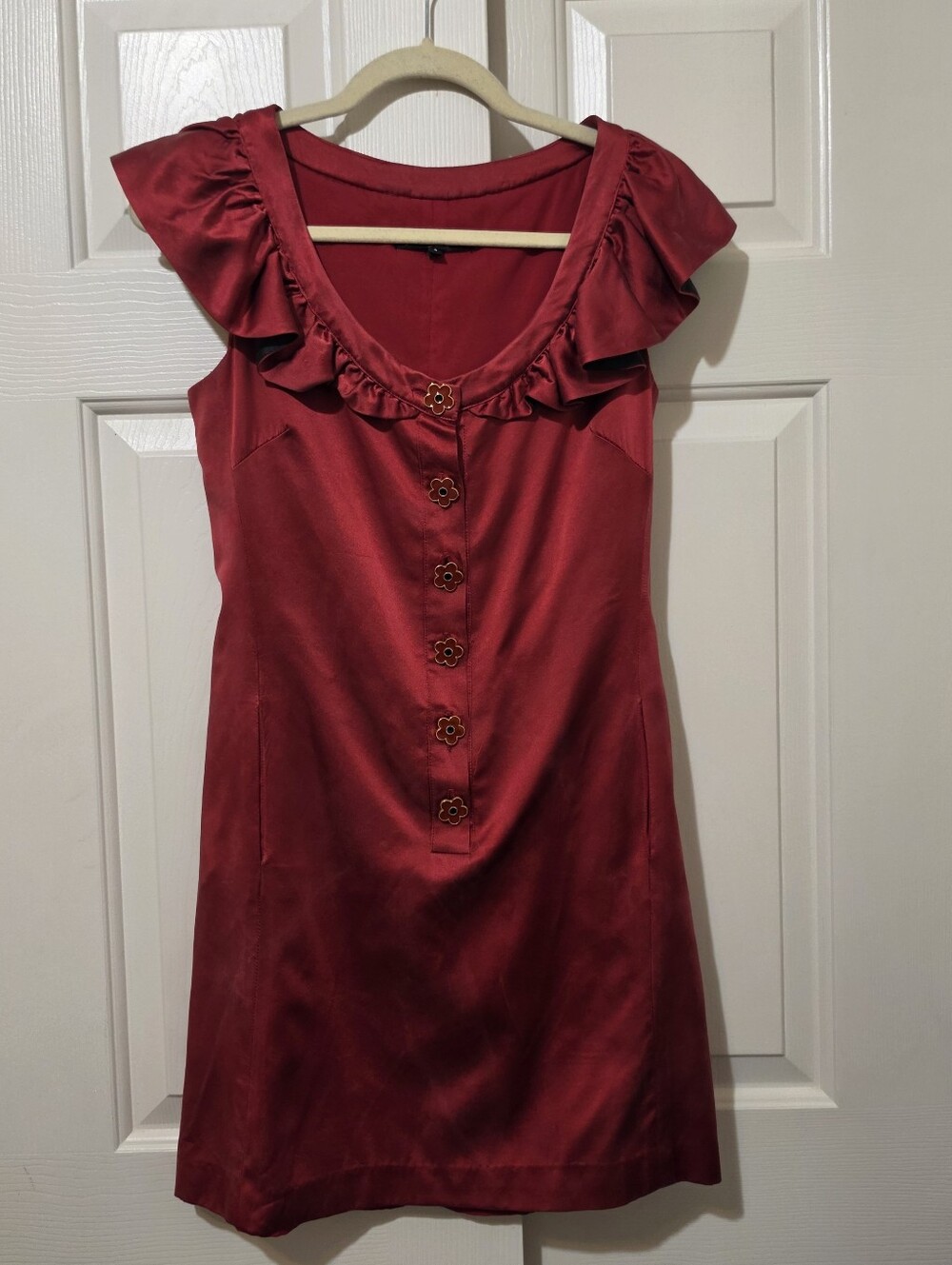Betsey Johnson | 100% Silk Red Mini Dress Flower Buttons Sz 4 READ DESCRIPTION